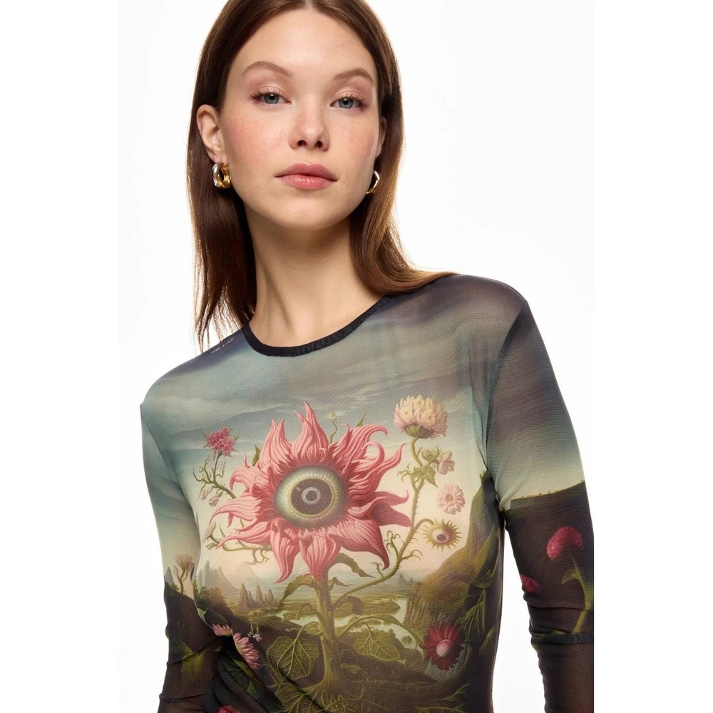 Monse Rose‎ Printed Mesh Top Long Sleeve Mesh Surrealist Sheer Long Sleeve Sz L - Picture 2 of 16
